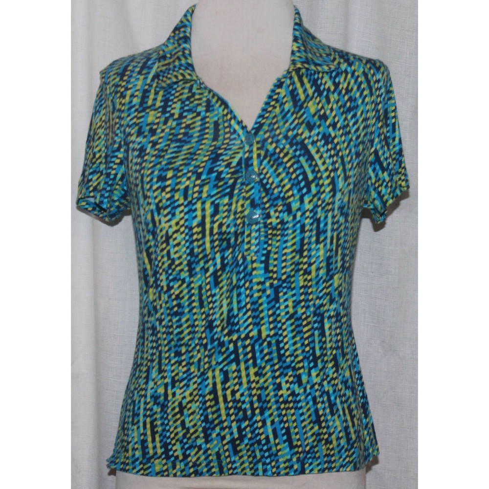 Women's Isisport Blue/Green Geometric Pattern Short Sleeve Stretch Top Size M